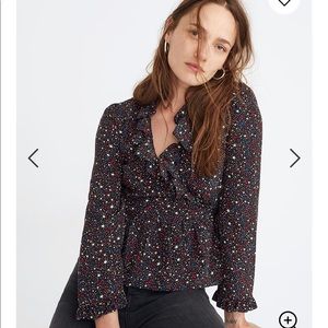 Silk Ruffle-Hem Wrap Top in Starry Night